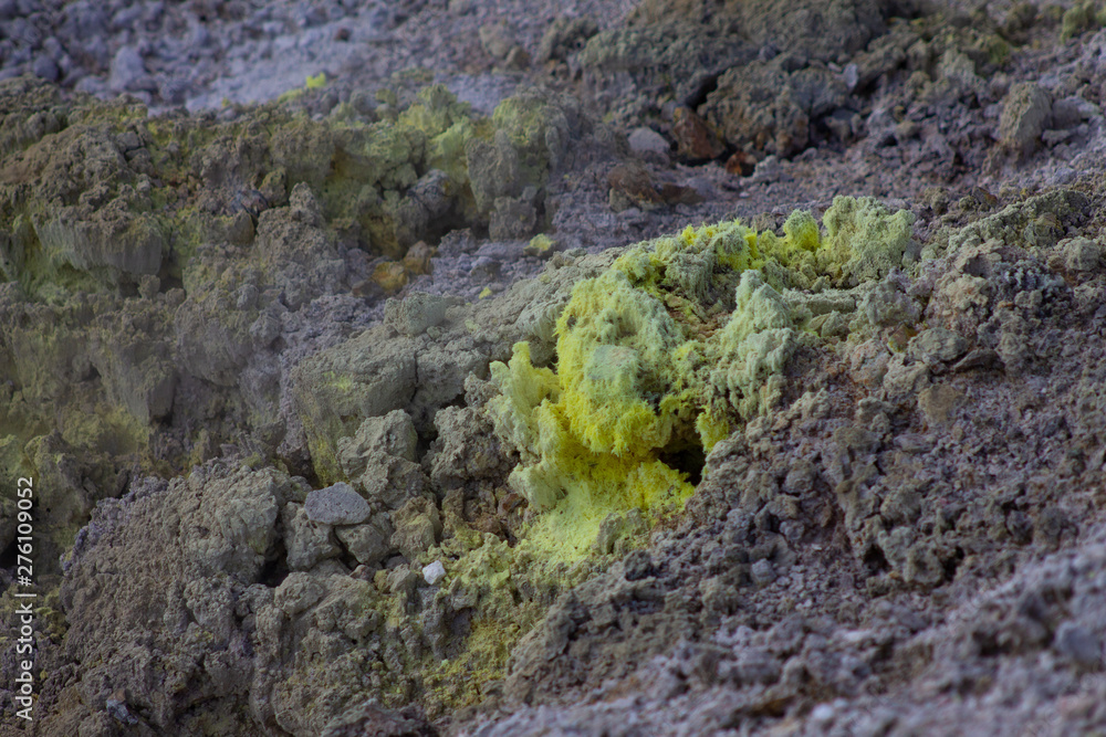 sulphur on vulcano unstable ground with hot steam