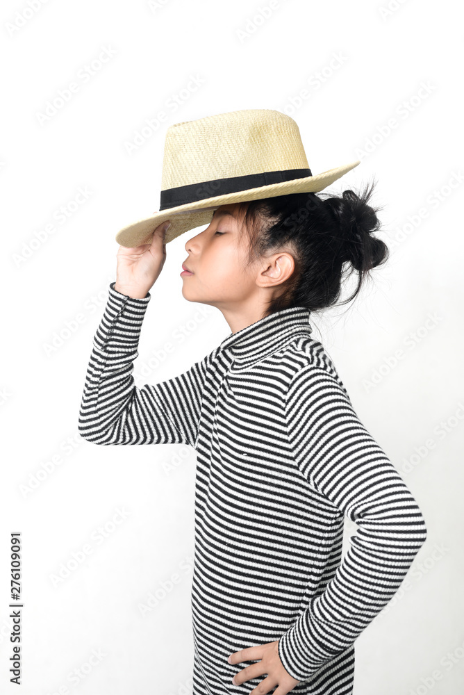 Happy Asian girl waering turtle neck and straw hat on white background. Happy Asian girl waering turtle neck and straw hat on white background.