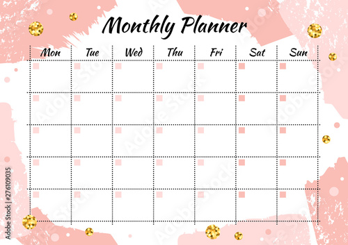 Creative monthly planner with gold glitter sparkles on pink brushstroke background. Stylish fashion organizer and schedule. Planner template for print, wedding, school. Vector illustration.