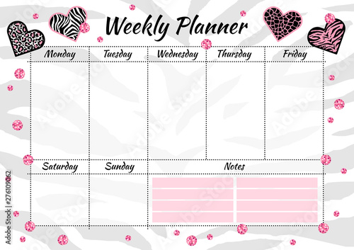 Creative weekly planner with heart animal texture and pink glitter sparkles. Stylish fashion organizer and schedule. Planner template for print, wedding, school. Vector illustration.