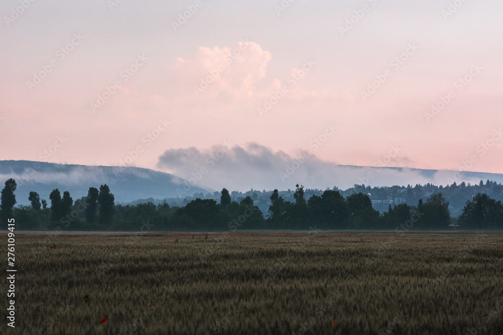 Late evening light and moody clouds with fields in Czech republic