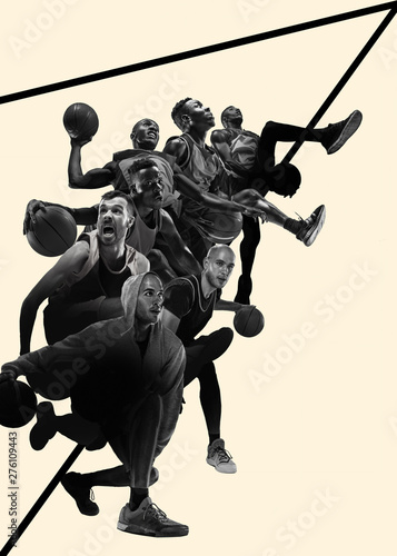 Creative collage of different photos of 4 basketball players with the balls in action of game. Black and white photos. Advertising, sport, healthy lifestyle, motion, activity, movement concept.
