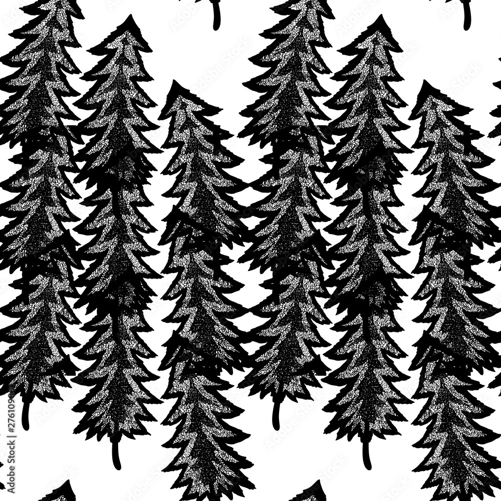 Obraz premium Mystical forest a lot of openwork unusual Christmas trees seamless pattern