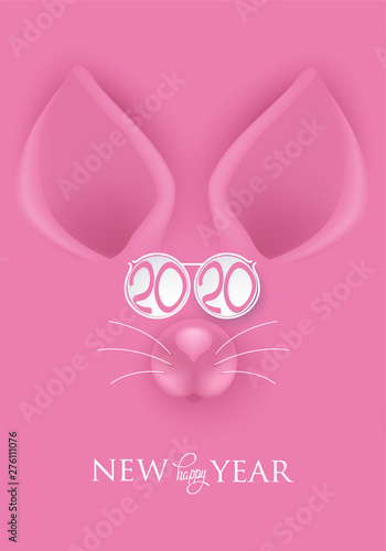 New year 2020 poster with mouse's face. Vector illustration