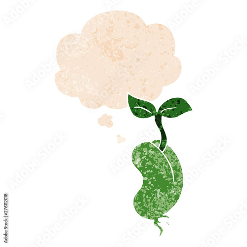 cartoon sprouting seed and thought bubble in retro textured style