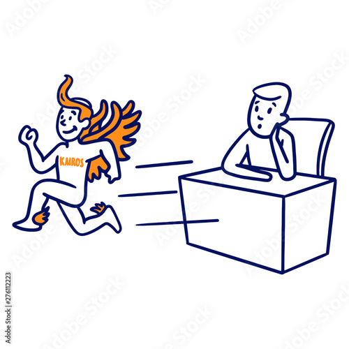 vector drawing of luck god "karos" running happily and afloat at a desk with your office worker over. yellow, blue, outline, comic, office, wings, running.