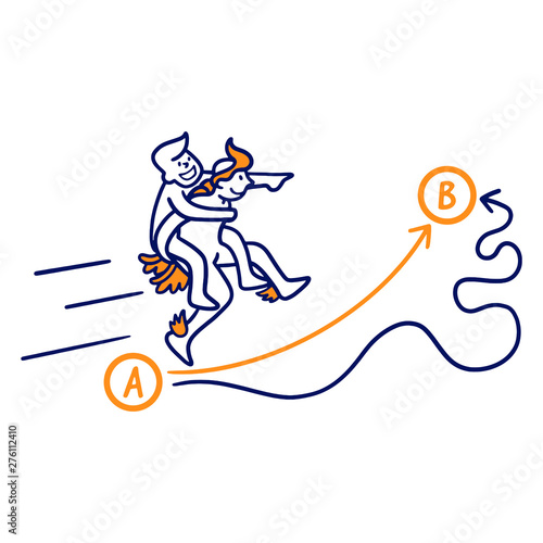 Vector drawing of the Greek god "Kairos" carrying a man on his shoulders and helping to get from A to B quickly. blue, yellow, help, comic.