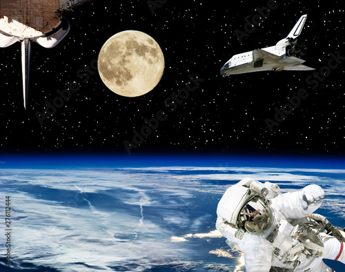 Astronaut  spaceships and moon. Earth on the backdrop. The elements of this image furnished by NASA.