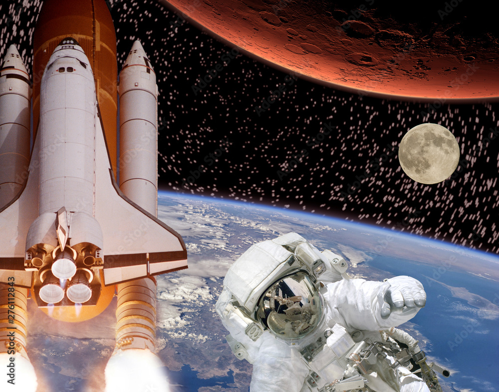 Rocket flies from earth to Mars. Astronaut in front and moon in the distance. The elements of this image furnished by NASA. Rocket flies from earth to Mars. Astronaut in front and moon in the distance. The elements of this image furnished by NASA.