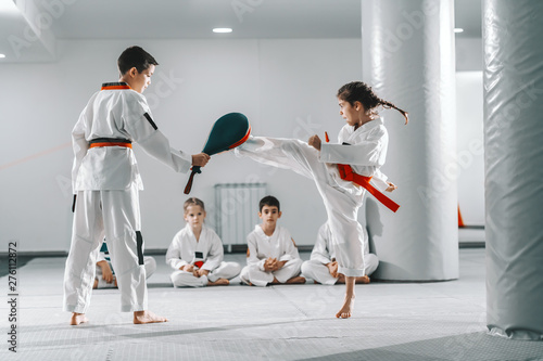 Caucasain boy and girl in doboks having taekwondo training at gym. Girl kicking while boy holding kick target. In background their friend sitting with legs crossed and watching them. photo