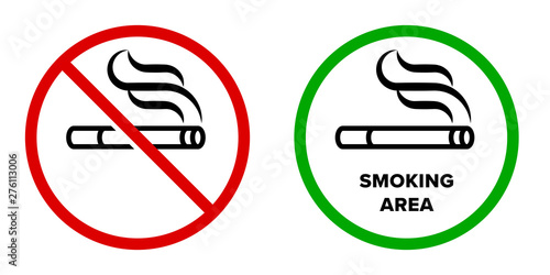 Smoking area and no smoking vector icons. Cigarette smokers zone, smoking permitted and forbidden logo sign