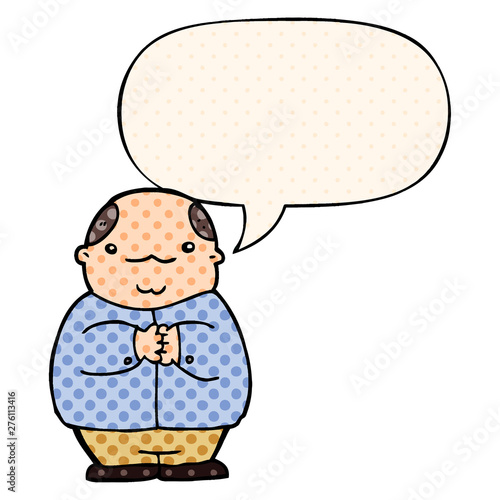 cartoon balding man and speech bubble in comic book style