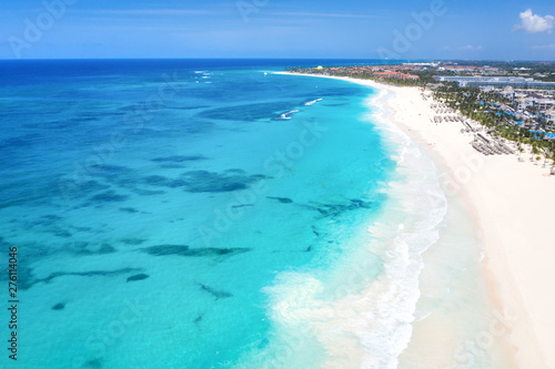 Aerial view from drone on caribbean beach of Atlantic ocean with luxury resorts