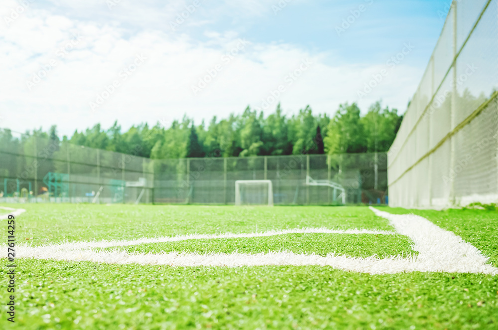 Football field on a sunny day. Grid stadium and artificial grass. Concept of summer background. Summer sports concept, summer hobby. In the background - the forest.