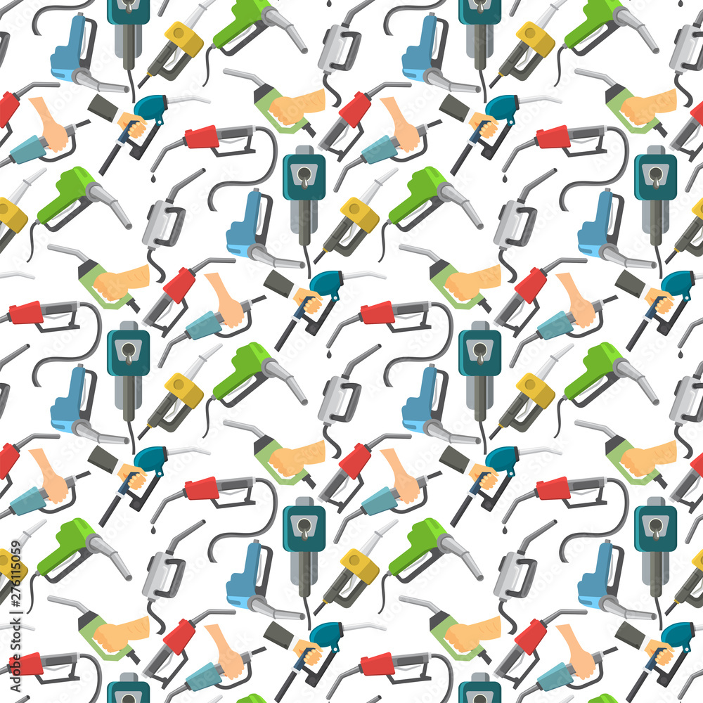 Filling gasoline station pistol in people hands refinery industry refueling petroleum tank service tool seamless pattern background vector illustration