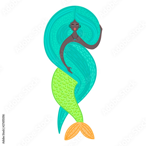 Vector mermaid. African American. Sea girl. Beautiful woman with tail. Nixie with long lush hair. Creative colorful author's design. Poster, phone case, card, cover, sticker, print on clothes, label