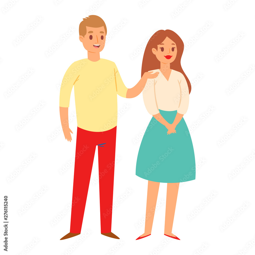Young adult family or friends couple boys and girls talking vector beautiful fashion pants dresses or shoes illustration. Two people explain speak someone isolated on white background Young adult family or friends couple boys and girls talking vector beautiful fashion pants dresses or shoes illustration. Two people explain speak someone isolated on white background