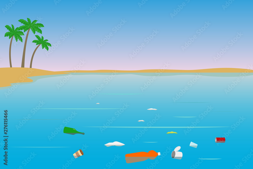 Floating plastic garbage in lake. Water pollution. Vector illustration.