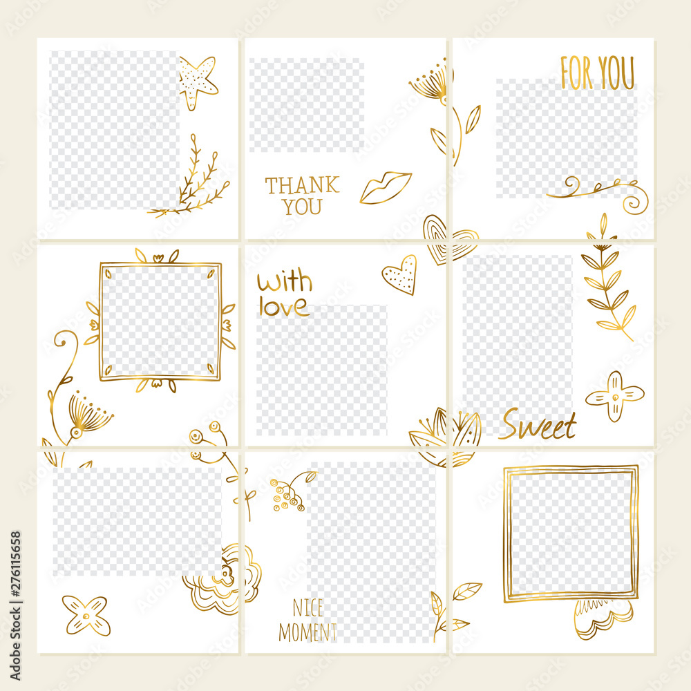 Inspired by instagram vector social media collage template with doodle branches and flowers design. Illustration of interface for photography, social media frame