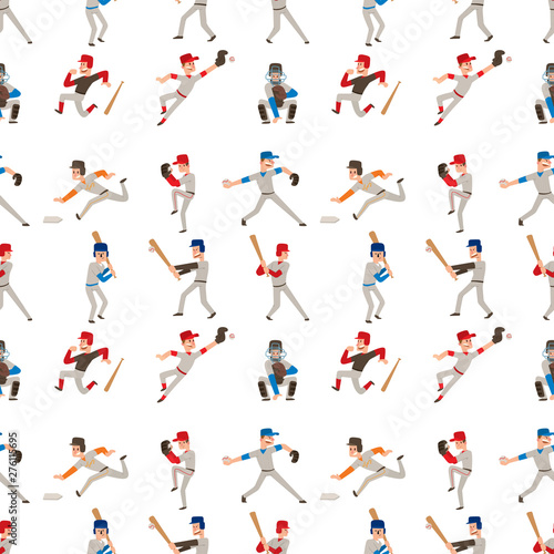 Baseball team player vector sport man in uniform game poses situation professional league sporty character winner seamless pattern background illustration.