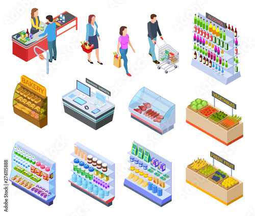 People isometric store. Shopping grocery market customer supermarket products, persons in retail shop buying food 3d vector items. Illustration of supermarket and grocery, refrigerator and cashier