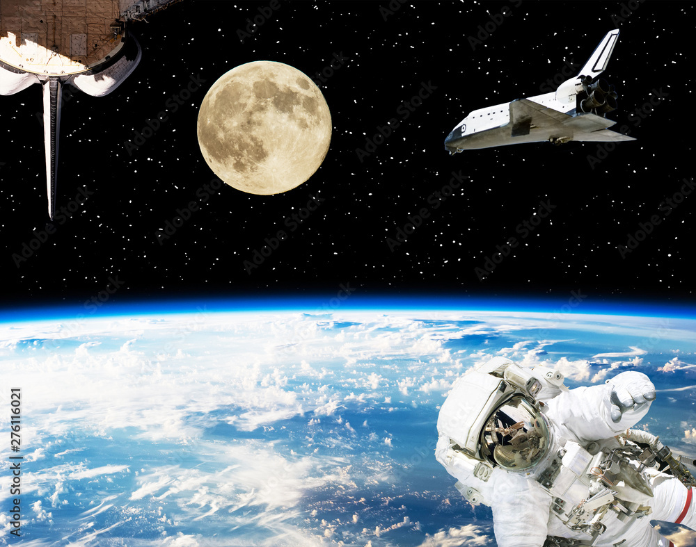 Astronaut, spaceships and moon. Earth on the backdrop. The elements of this image furnished by NASA. Astronaut, spaceships and moon. Earth on the backdrop. The elements of this image furnished by NASA.