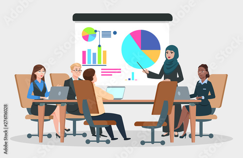 Business meeting vector. Arab businesswoman at project strategy infographic. Team seminar, presentation conference concept. Illustration of business meeting, show infographic office