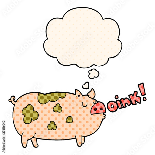 cartoon oinking pig and thought bubble in comic book style