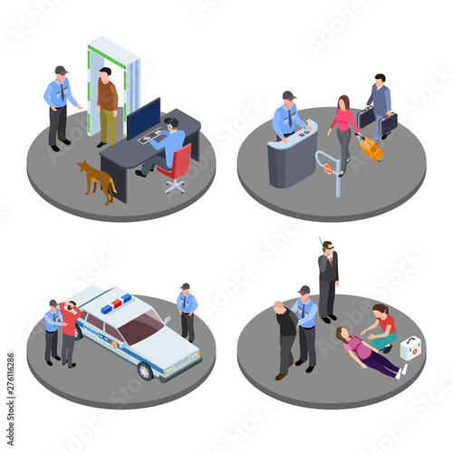 Security and police work isometric vector situations. Guard character, metal detector and control security illustration