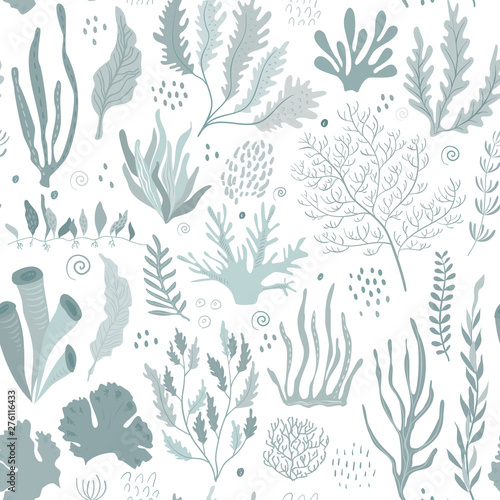 Vector seamless pattern with underwater ocean coral reef plants