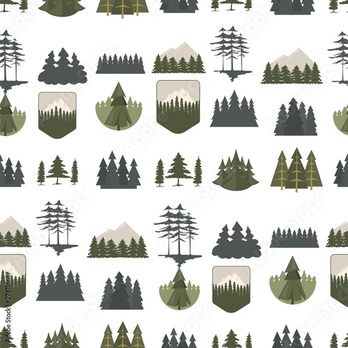 Tree outdoor travel pine silhouette coniferous natural tops pine spruce branch cedar seamless pattern stem drawing vector illustration.