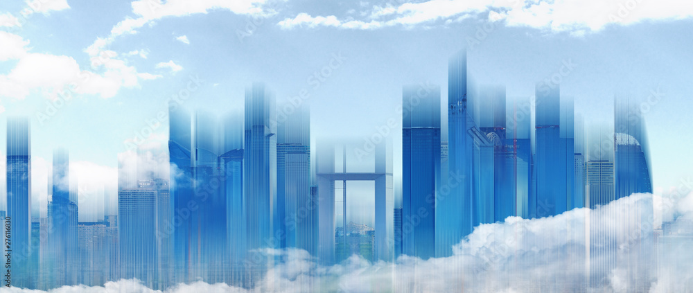 Abstract modern building skyline in the city with blue sky and white clouds. Abstract city background