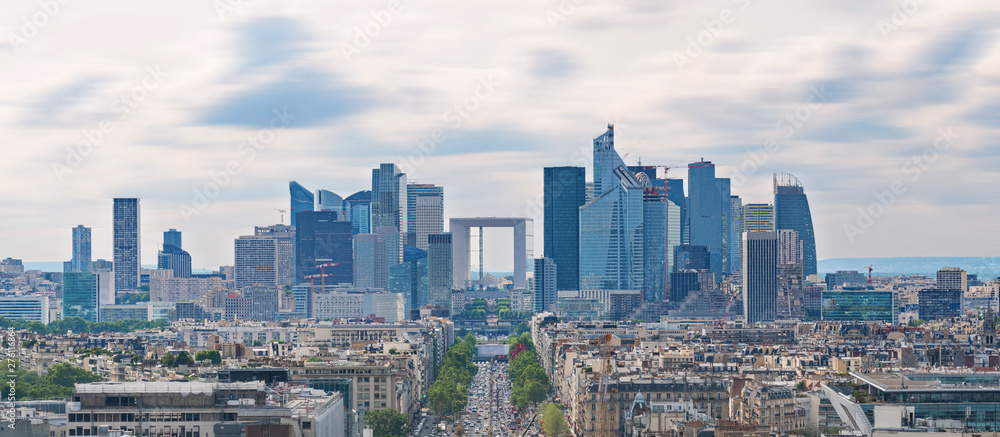 Panoramic Paris city landscape, business district modern buildings in Paris, France
