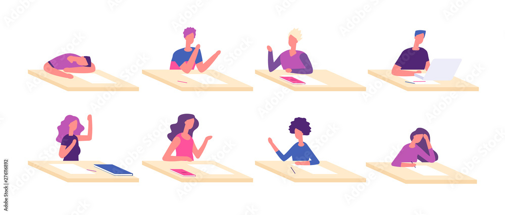 Student at desks. Students learning sitting desk pupils children studying at tables school test college lesson vector characters. Student character boy and girl, pupil teenage education illustration Student at desks. Students learning sitting desk pupils children studying at tables school test college lesson vector characters. Student character boy and girl, pupil teenage education illustration