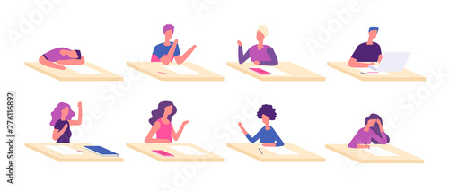 Student at desks. Students learning sitting desk pupils children studying at tables school test college lesson vector characters. Student character boy and girl, pupil teenage education illustration