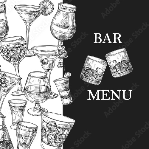 Bar menu vector template with hand drawn drinks and cocktails. Illustration of alcohol menu sketch, cocktail drink, tequila and beverage