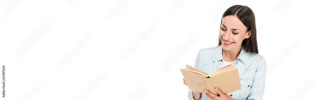 positive woman reading book isolated on white, panoramic shot positive woman reading book isolated on white, panoramic shot