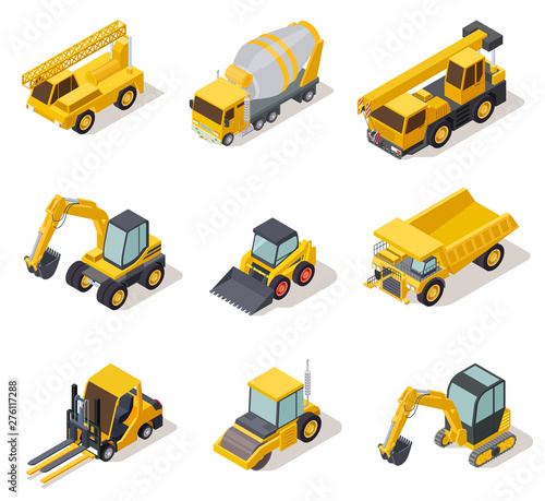 Isometric industrial machinery. 3d construction equipment truck vehicle power tools heavy machine excavator bulldozer map vector set. Illustration of bulldozer machinery, machine construction