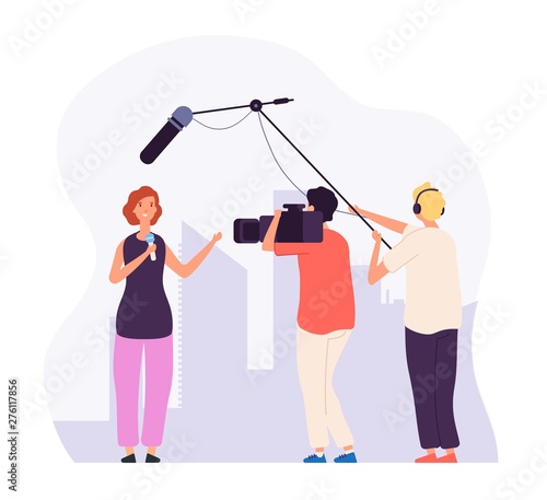 Journalist report. Girl reporter with microphone tv channel broadcasting professional crew operator television news vector concept. Illustration of journalist correspondent, operator and reporter