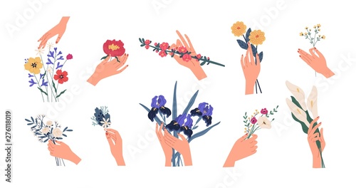 Collection of hands holding bouquets or bunches of blooming flowers. Bundle o...