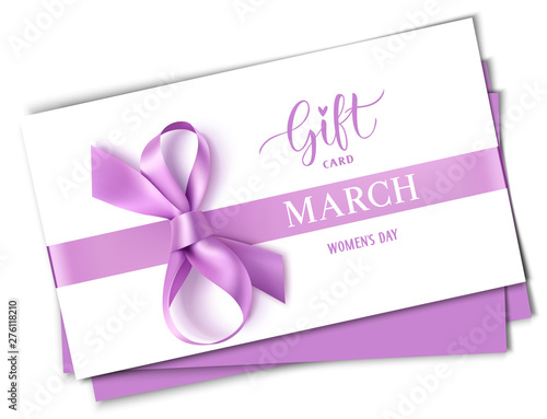 8 March. International Womens Day gift card design template with Womens Day text and decorative purple bow and ribbon. Vector illustration