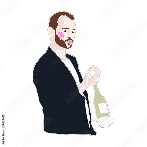 young male sommelier offers a bottle of wine