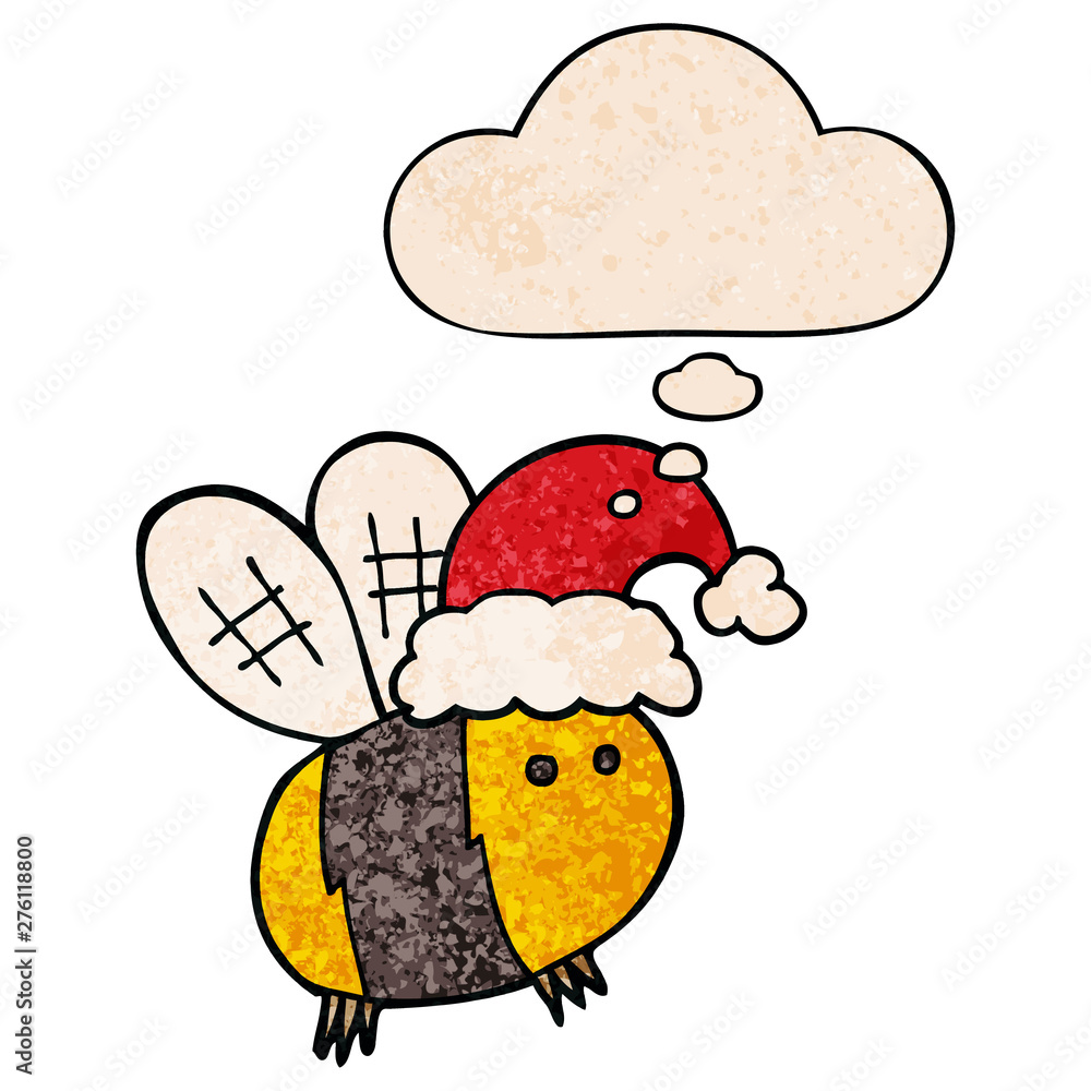 cute cartoon bee wearing christmas hat and thought bubble in grunge texture pattern style cute cartoon bee wearing christmas hat and thought bubble in grunge texture pattern style