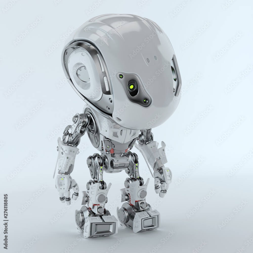 Futuristic white bbot robot toy, 3d rendering with head down Futuristic white bbot robot toy, 3d rendering with head down