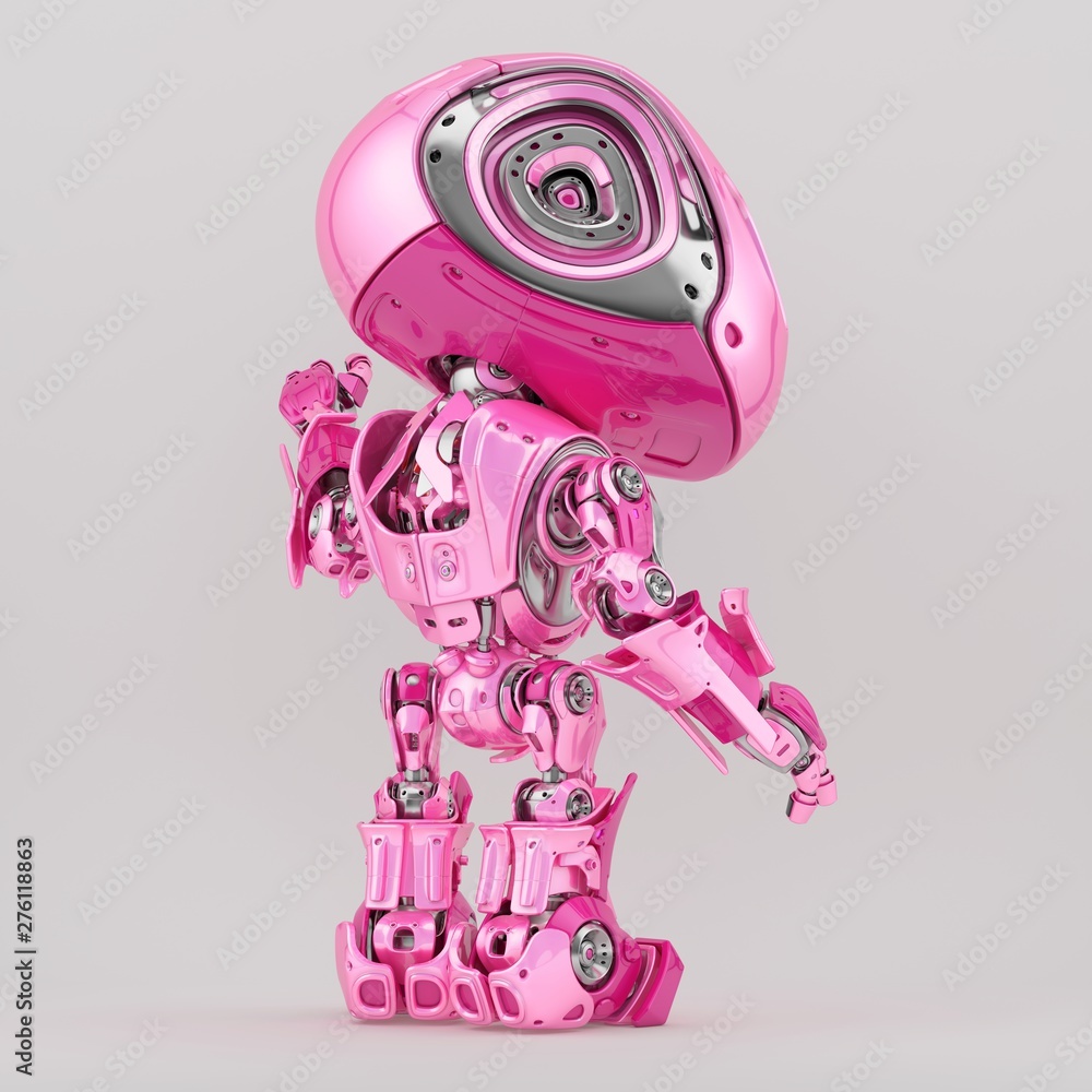Gesturing robot character in girlish pink color, back view 3d rendering Gesturing robot character in girlish pink color, back view 3d rendering