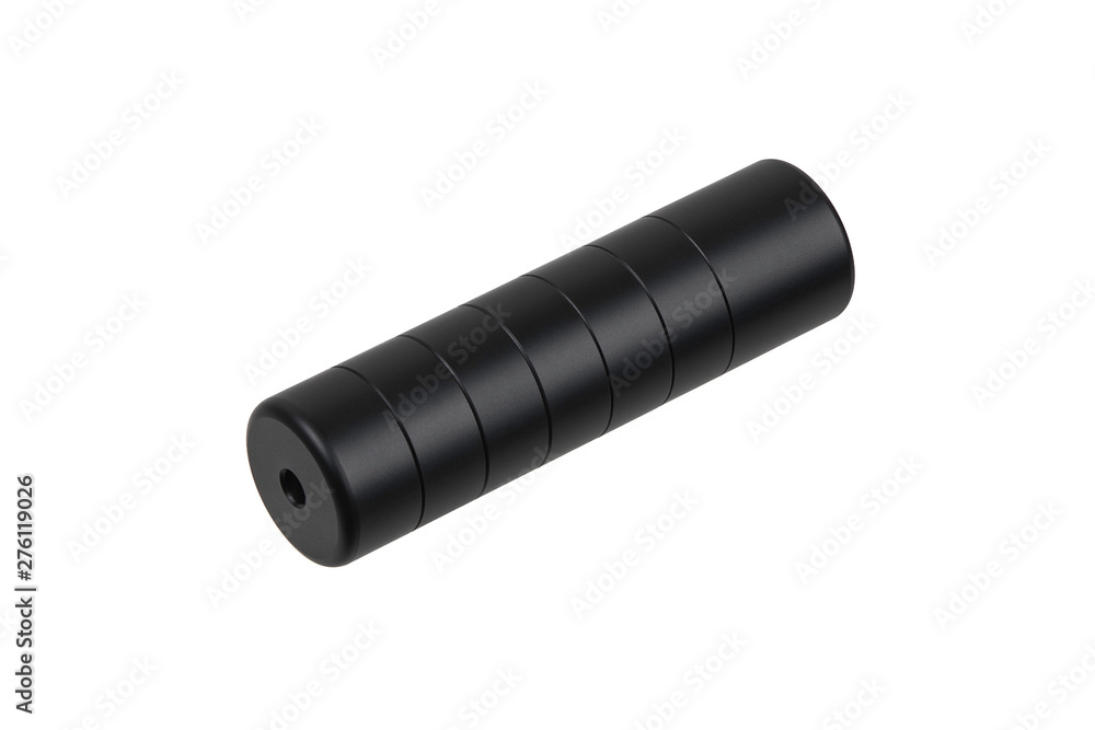 Black silencer for weapons. Suppressor that is at the end of an assault rifle. Black silencer for weapons. Suppressor that is at the end of an assault rifle.