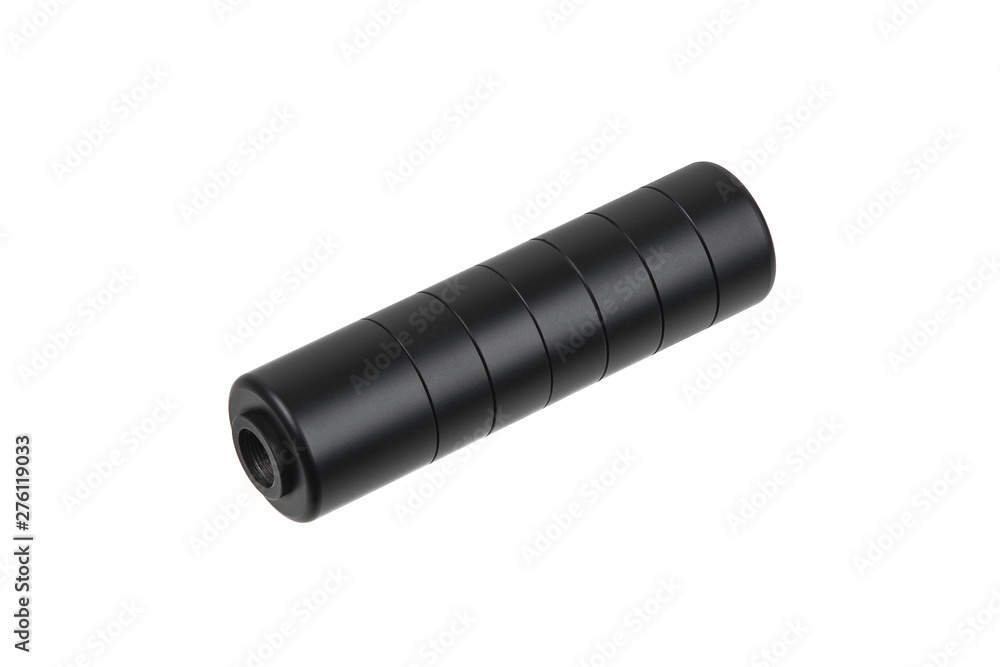 Black silencer for weapons. Suppressor that is at the end of an assault rifle. Black silencer for weapons. Suppressor that is at the end of an assault rifle.