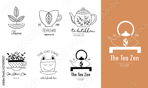 Hand drawn tea logo set in doodle style