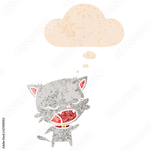 cartoon cat talking and thought bubble in retro textured style