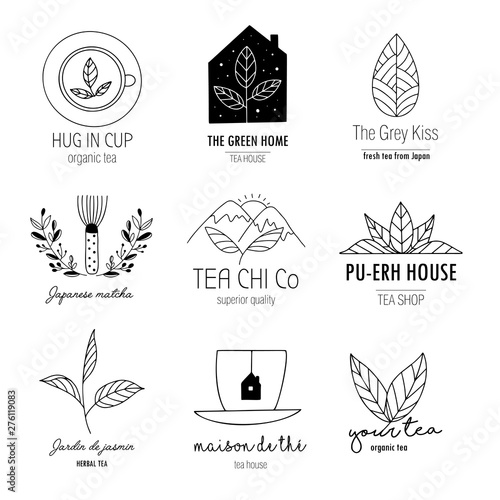 Hand drawn tea logo set in doodle style